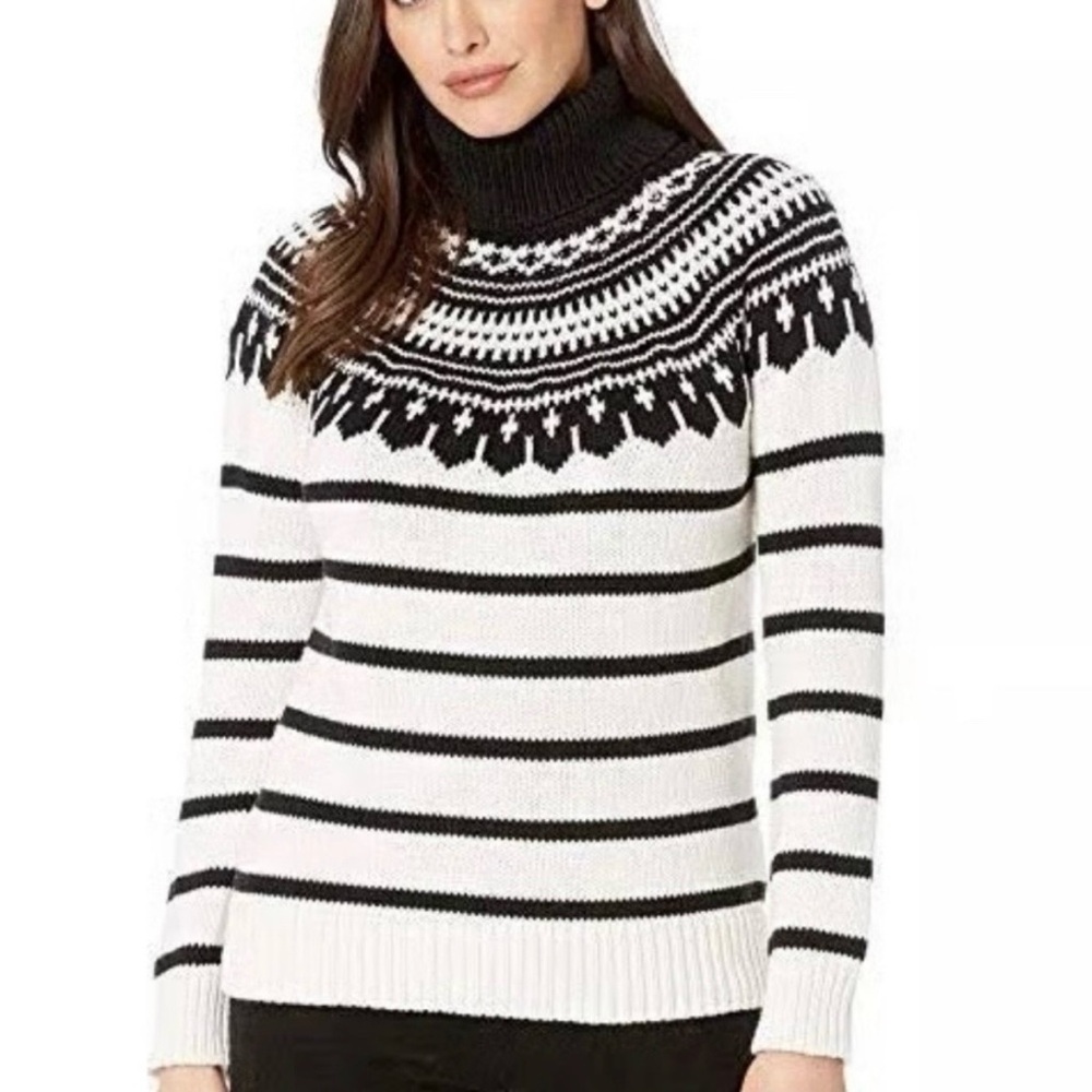 Ralph Lauren Black White Striped Chunky Knit Fair Isle Turtleneck Sweater Sz L